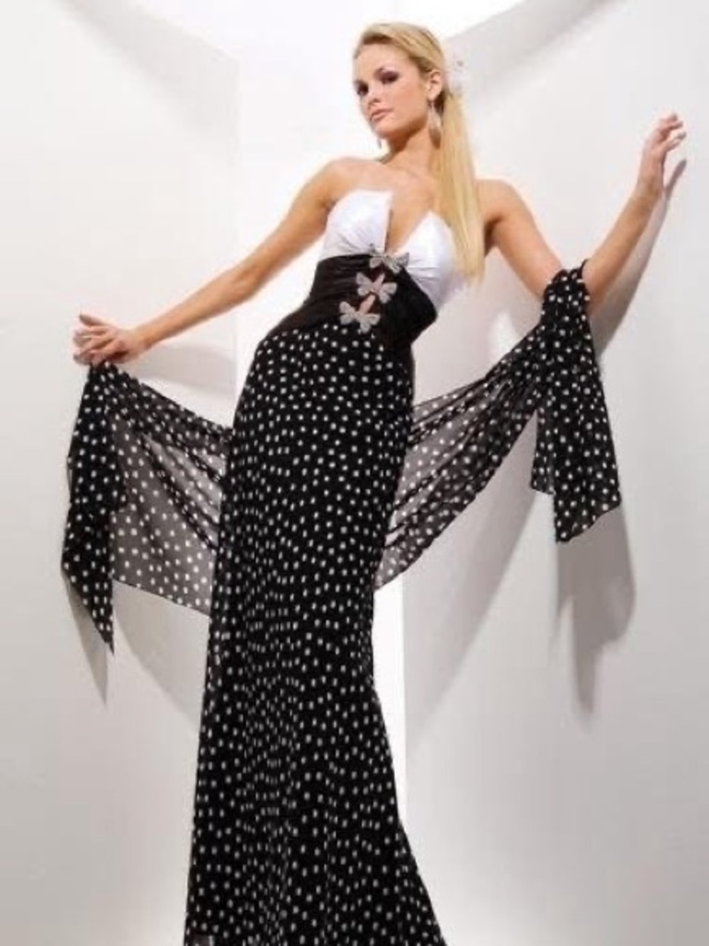 Tony Bowls Black & White Polka Dot Strapless Evening Dress
